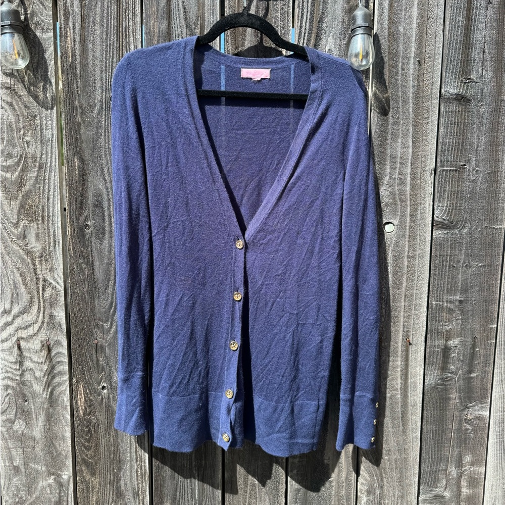 Lilly Pulitzer Kennedy Navy Blue Long V Neck Duster Cardigan gold buttons medium